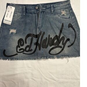 Ed Hardy Graphic Denim Mini Skort Tiger Print Distressed Blue Y2K Style 2XL